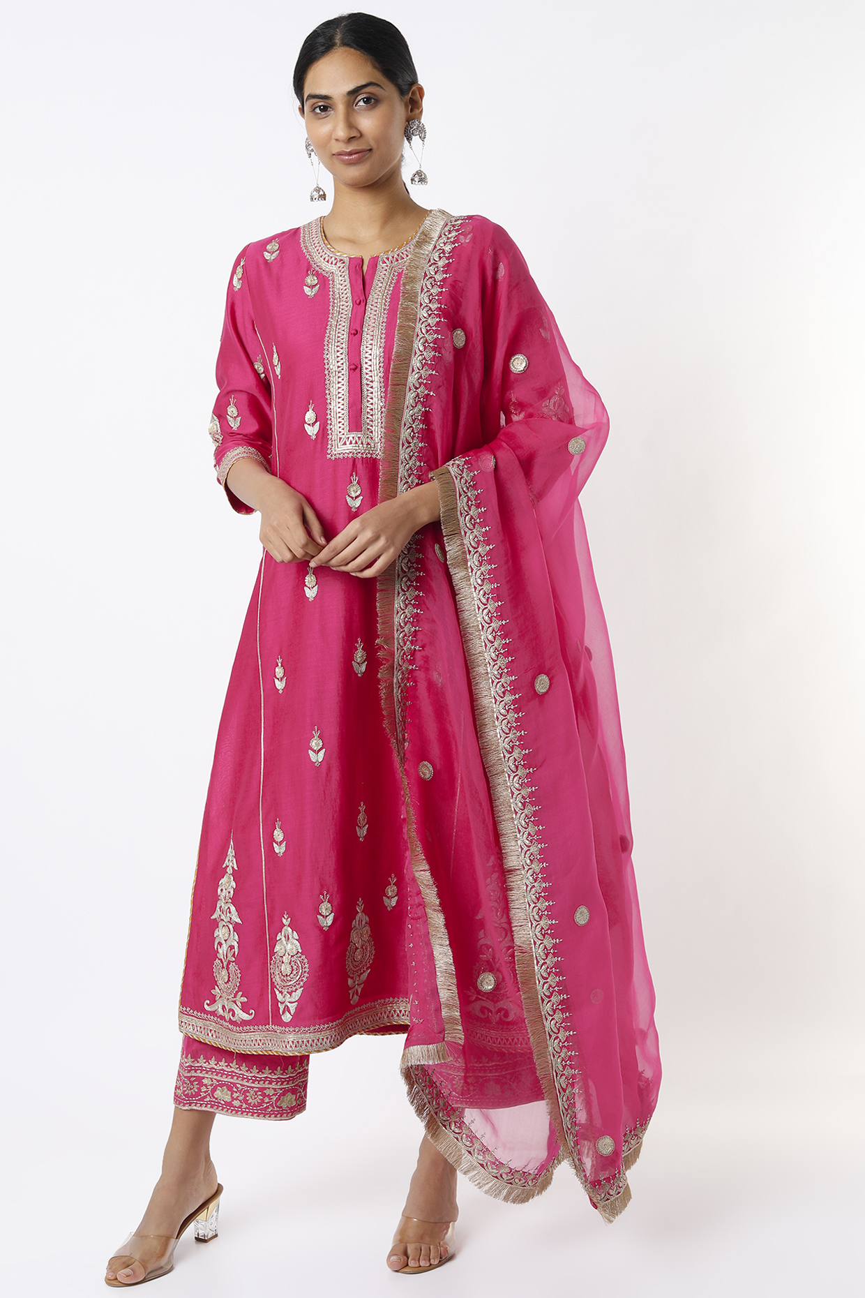 Fuchsia Silk Chanderi Kurta Set by Kora at Pernia's Pop Up Shop