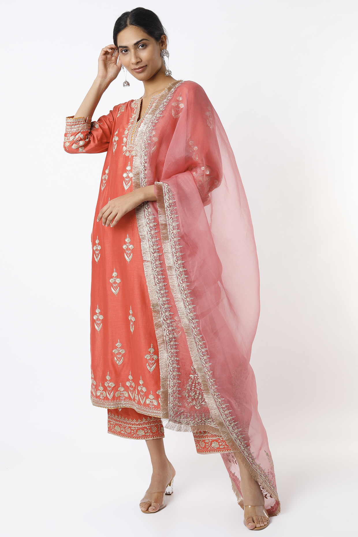 Rust Orange Embroidered Kurta Set by Kora at Pernia's Pop Up Shop