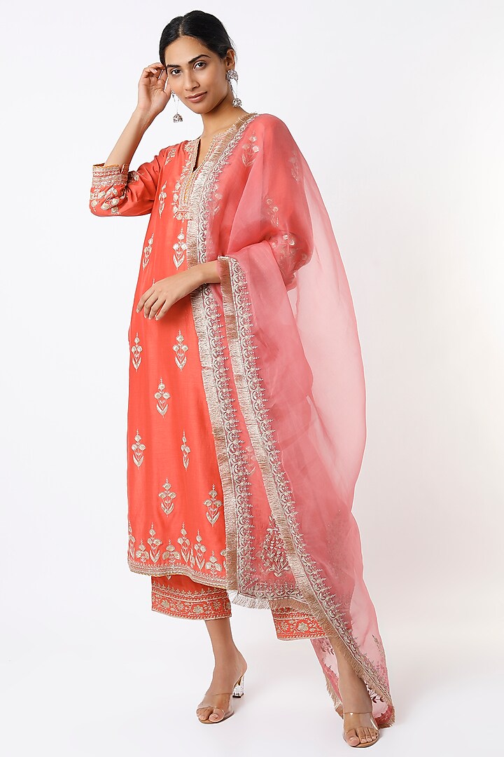 Rust Orange Embroidered Kurta Set by Kora at Pernia's Pop Up Shop