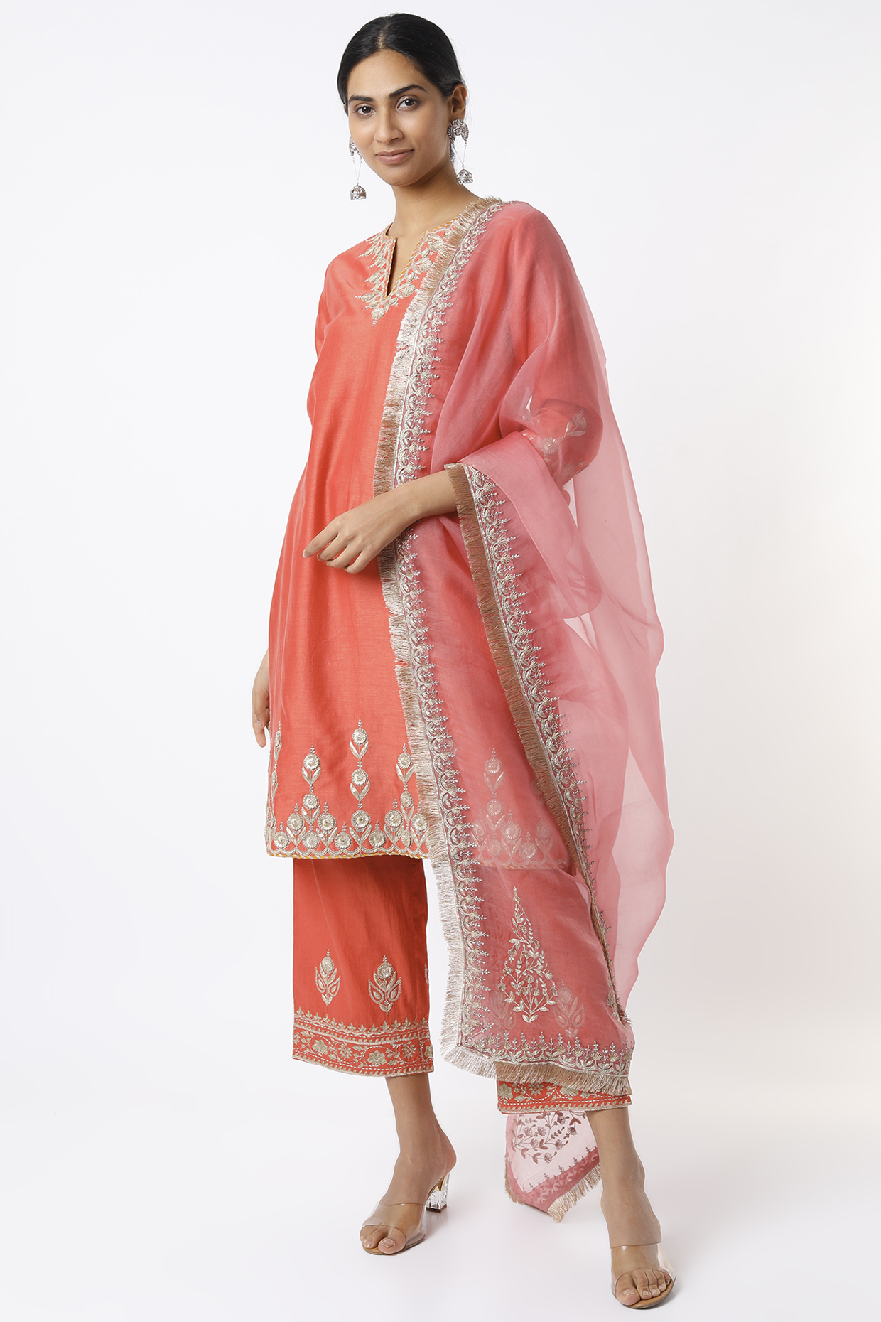 Rust Embroidered Kurta Set by Kora at Pernia's Pop Up Shop