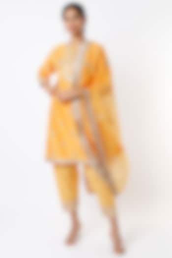 Yellow Embroidered Kalidar Kurta Set by Kora at Pernia's Pop Up Shop