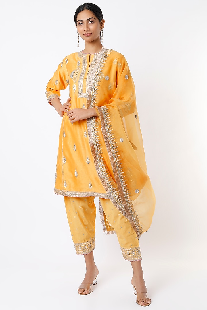 Yellow Embroidered Kalidar Kurta Set by Kora at Pernia's Pop Up Shop