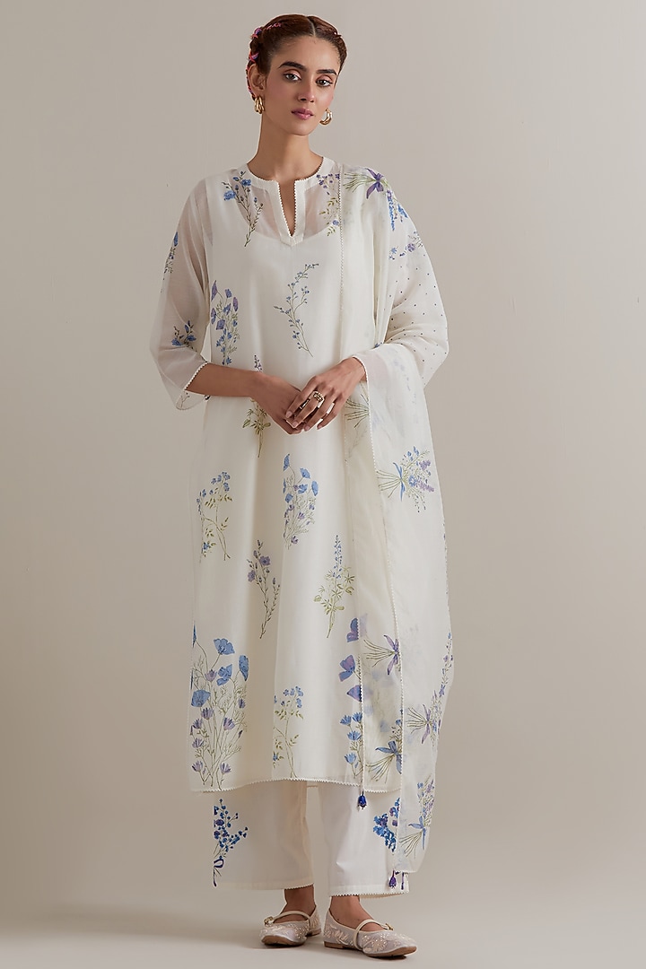 Off-White Cotton Chanderi Hand Block Printed Kurta Set by Kora at Pernia's Pop Up Shop