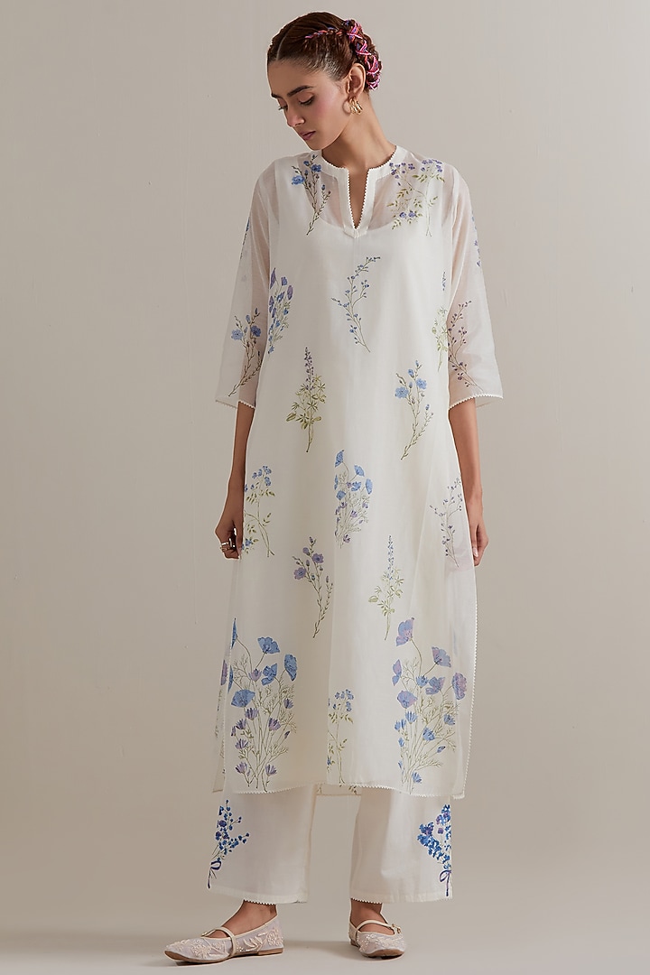 Off-White Cotton Chanderi Hand Block Printed Kurta Set by Kora at Pernia's Pop Up Shop