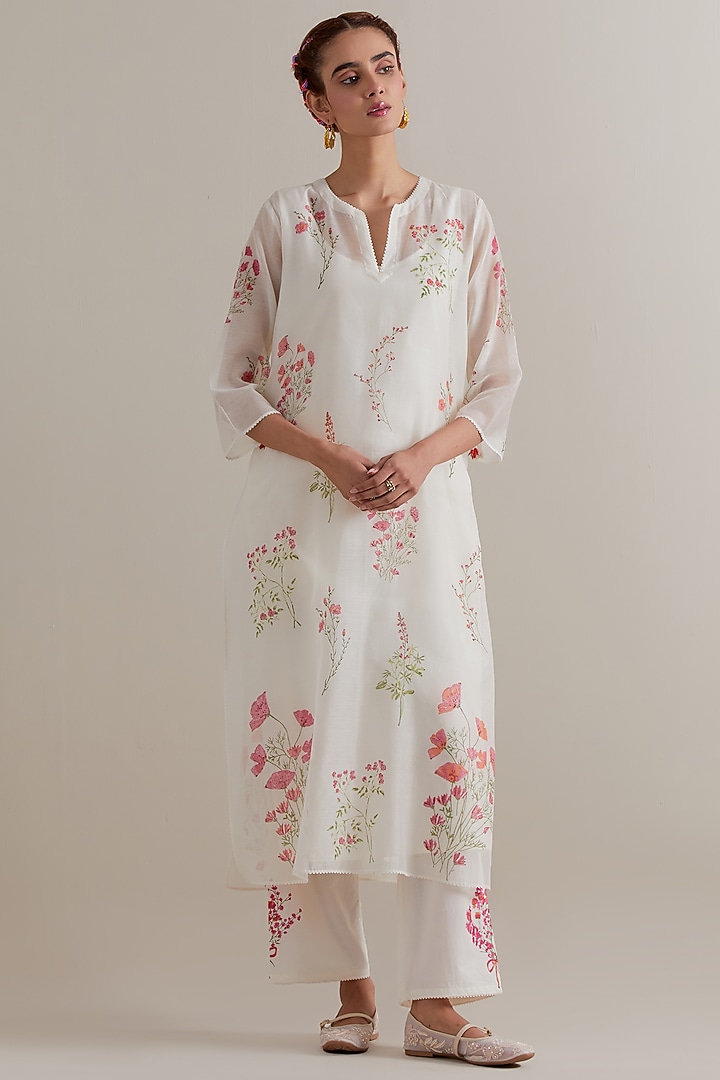 Off-White Cotton Chanderi Hand Block Printed Kurta Set by Kora at Pernia's Pop Up Shop
