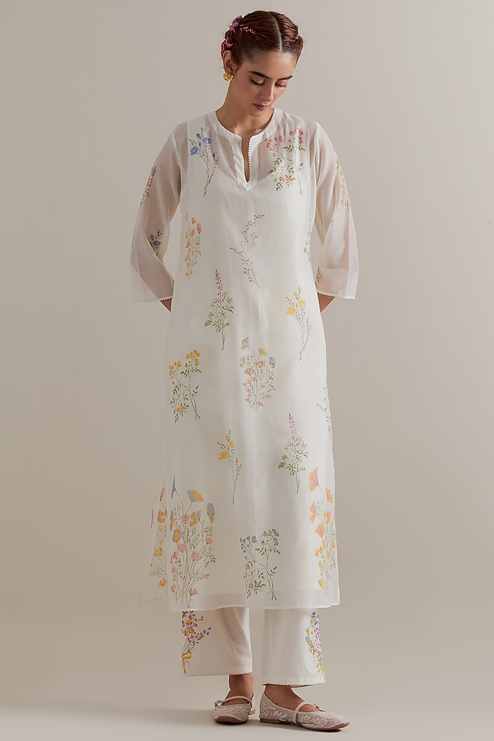 Off-White Cotton Chanderi Hand Block Printed Kurta Set by Kora at Pernia's Pop Up Shop