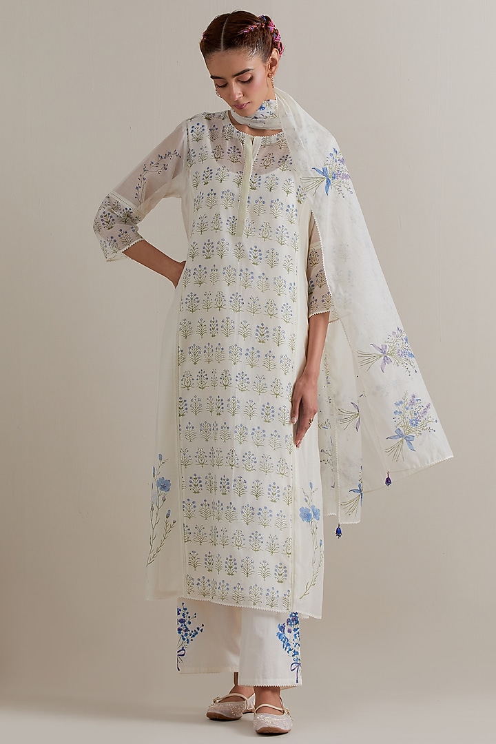 Off-White Cotton Chanderi Hand Block Printed Kurta Set by Kora at Pernia's Pop Up Shop