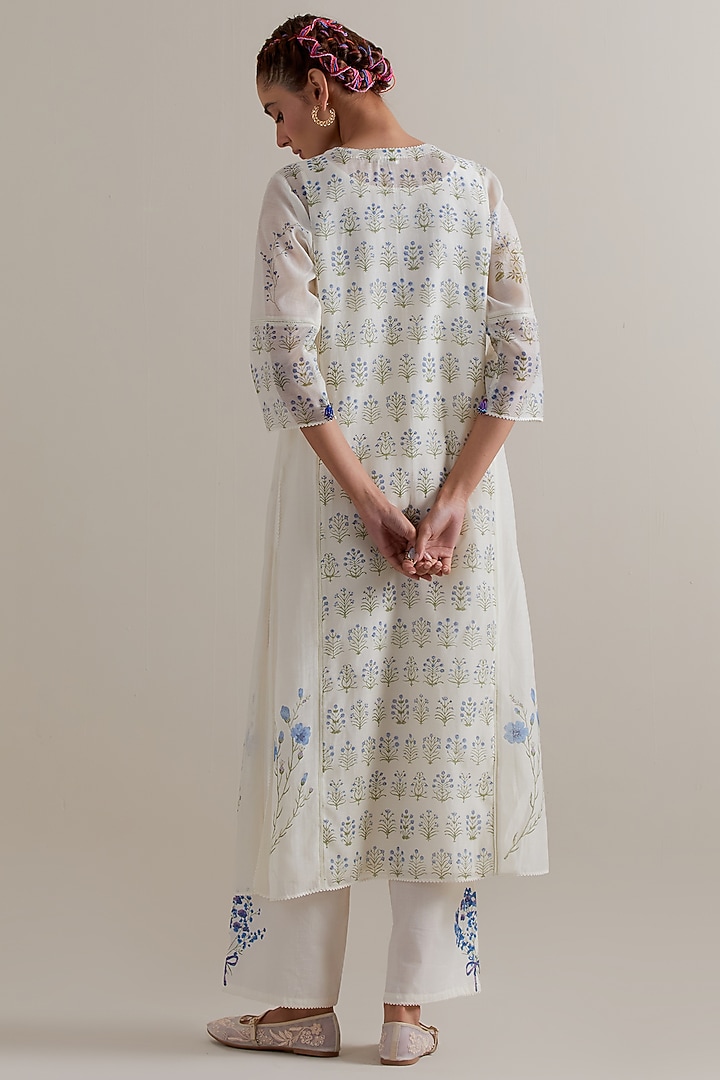Off-White Cotton Chanderi Hand Block Printed Kurta Set by Kora at Pernia's Pop Up Shop