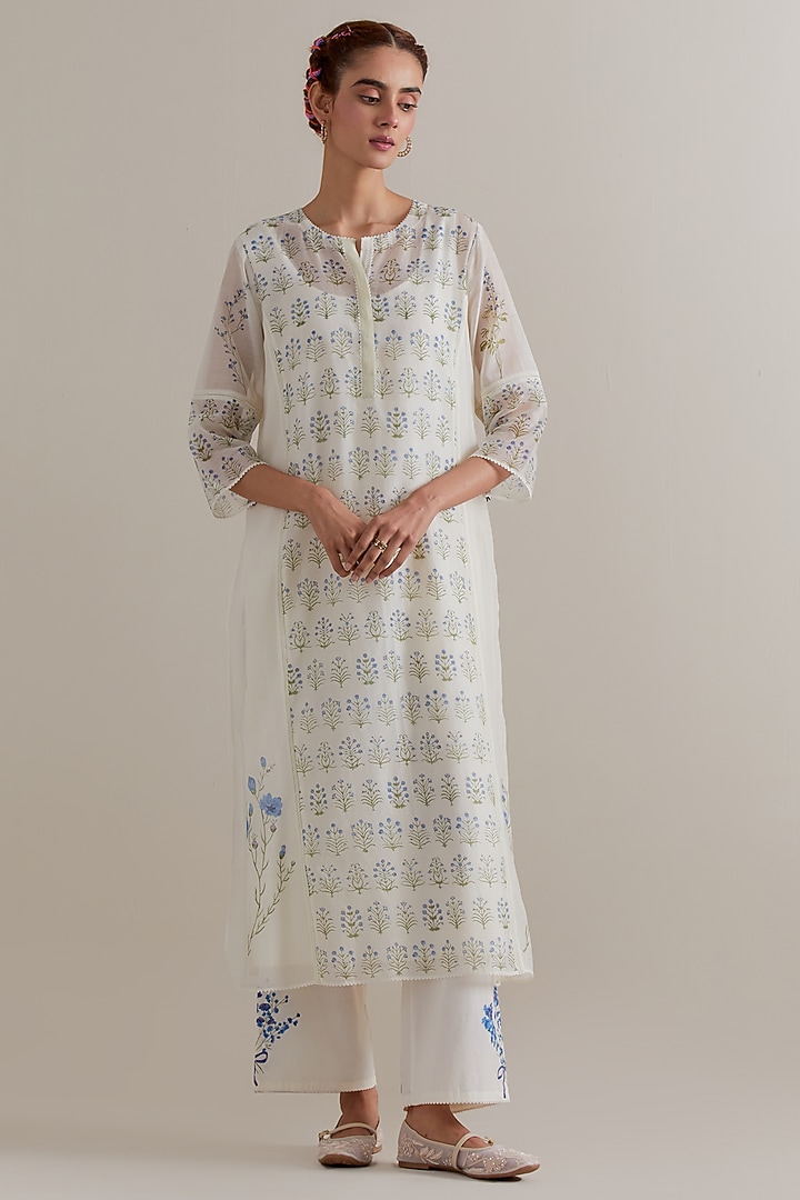 Off-White Cotton Chanderi Hand Block Printed Kurta Set by Kora at Pernia's Pop Up Shop
