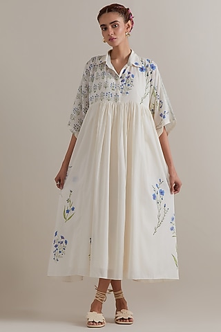 Off-White Cotton Chanderi Hand Block Printed Dress by Kora