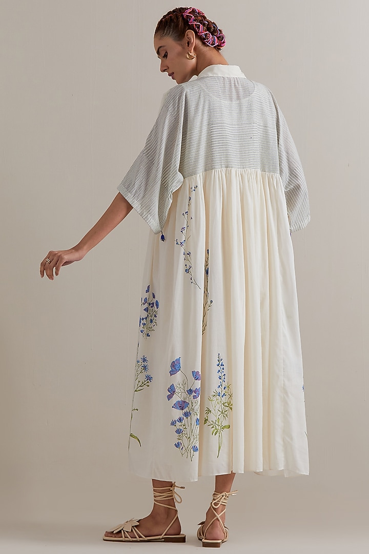 Off-White Cotton Chanderi Hand Block Printed Summer Dress by Kora at Pernia's Pop Up Shop