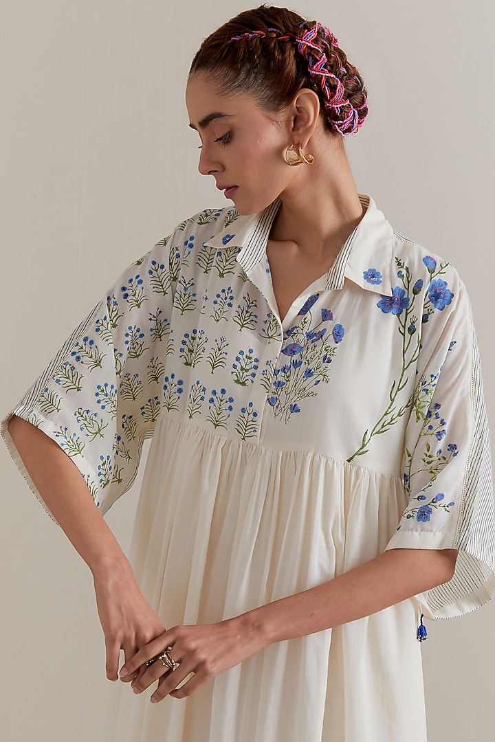 Off-White Cotton Chanderi Hand Block Printed Summer Dress by Kora at Pernia's Pop Up Shop