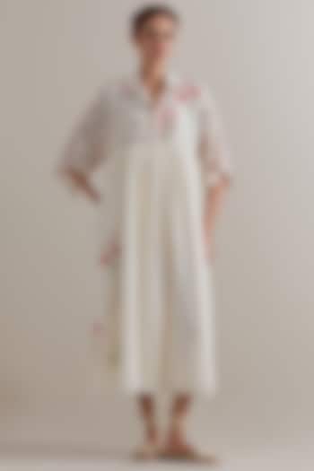 Off-White Cotton Chanderi Hand Block Printed Summer Dress by Kora at Pernia's Pop Up Shop