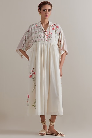 Off-White Cotton Chanderi Hand Block Printed Dress by Kora