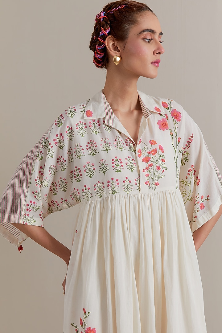 Off-White Cotton Chanderi Hand Block Printed Summer Dress by Kora at Pernia's Pop Up Shop