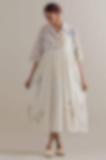 Off-White Cotton Chanderi Hand Block Printed Summer Dress by Kora at Pernia's Pop Up Shop