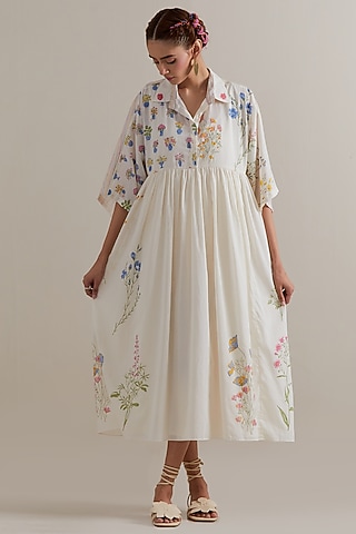 Off-White Cotton Chanderi Hand Block Printed Dress by Kora