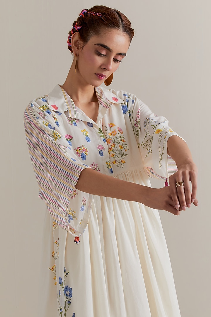 Off-White Cotton Chanderi Hand Block Printed Summer Dress by Kora at Pernia's Pop Up Shop
