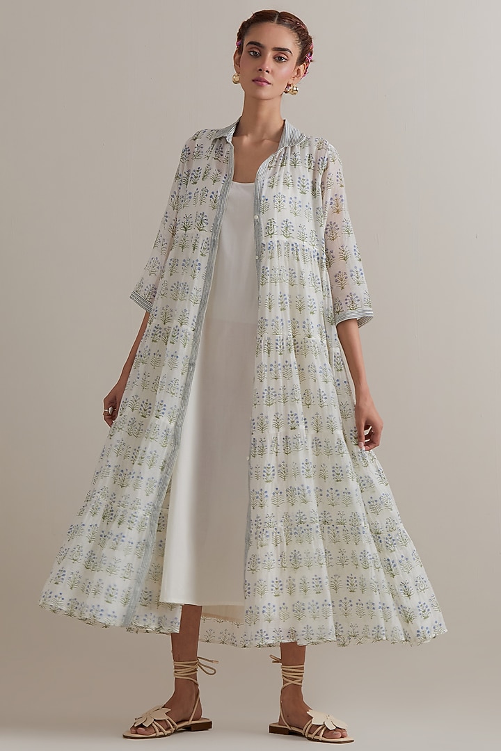 Off-White Silk Chanderi Hand Block Printed Kurta Set by Kora at Pernia's Pop Up Shop
