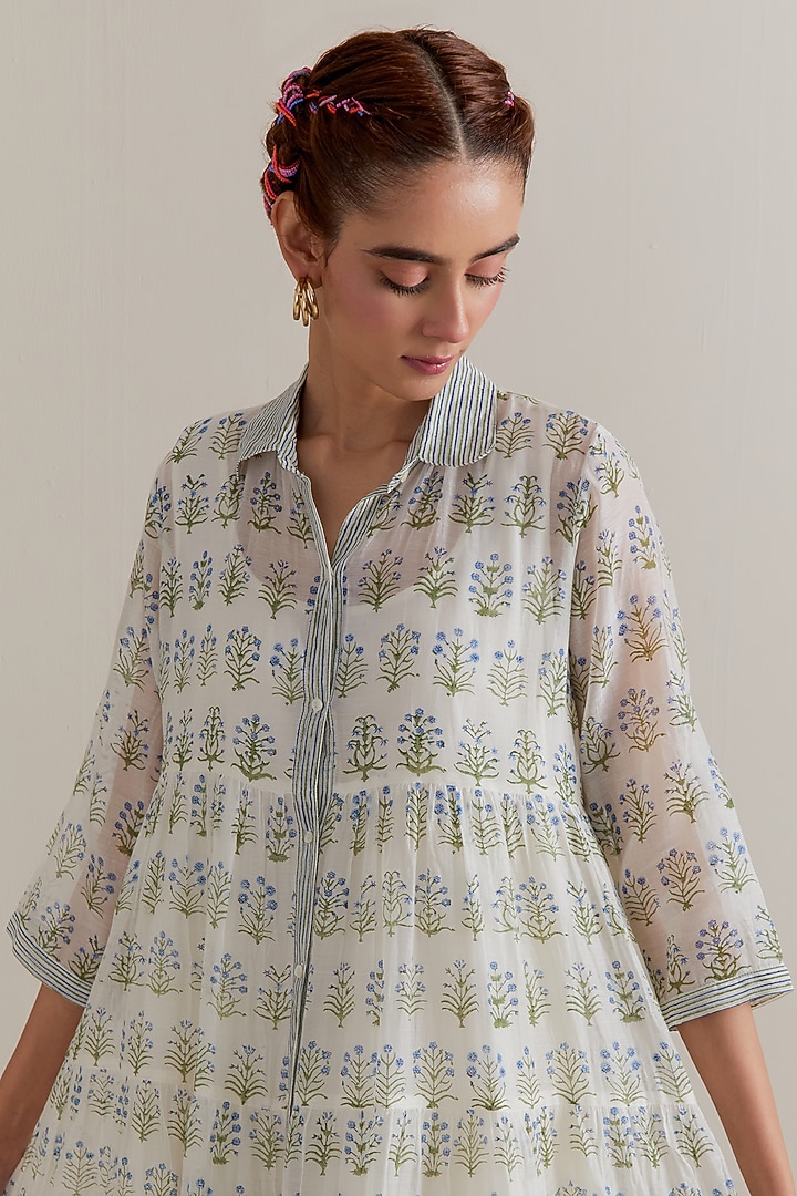 Off-White Silk Chanderi Hand Block Printed Kurta Set by Kora at Pernia's Pop Up Shop