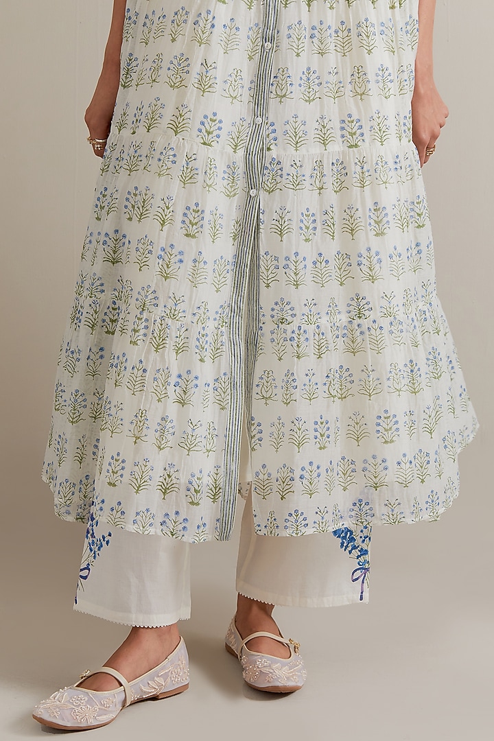Off-White Silk Chanderi Hand Block Printed Kurta Set by Kora at Pernia's Pop Up Shop