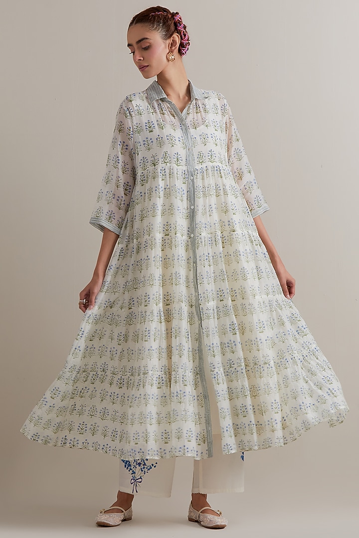 Off-White Silk Chanderi Hand Block Printed Kurta Set by Kora at Pernia's Pop Up Shop