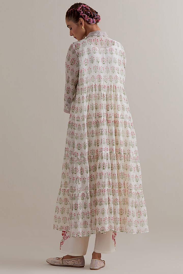 Off-White Silk Chanderi Hand Block Printed Kurta Set by Kora at Pernia's Pop Up Shop