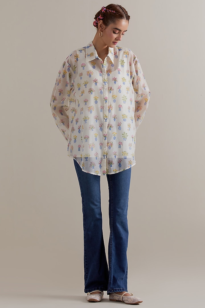 Off-White Silk Chanderi Hand Block Shirt by Kora at Pernia's Pop Up Shop