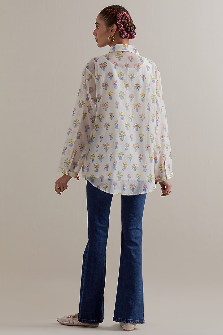 Off-White Silk Chanderi Hand Block Shirt by Kora at Pernia's Pop Up Shop