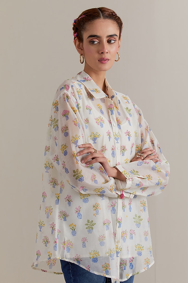 Off-White Silk Chanderi Hand Block Shirt by Kora at Pernia's Pop Up Shop