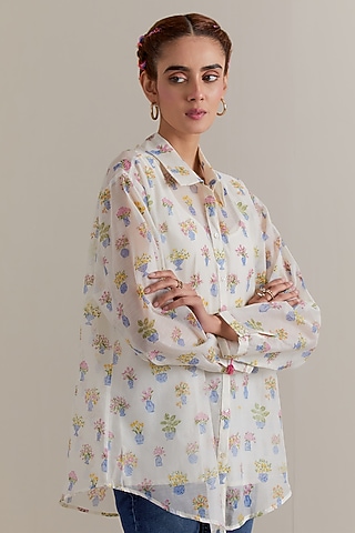 Off-White Silk Chanderi Hand Block Shirt by Kora
