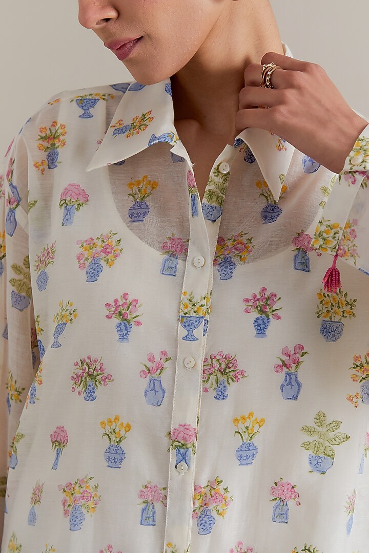 Off-White Silk Chanderi Hand Block Shirt by Kora at Pernia's Pop Up Shop