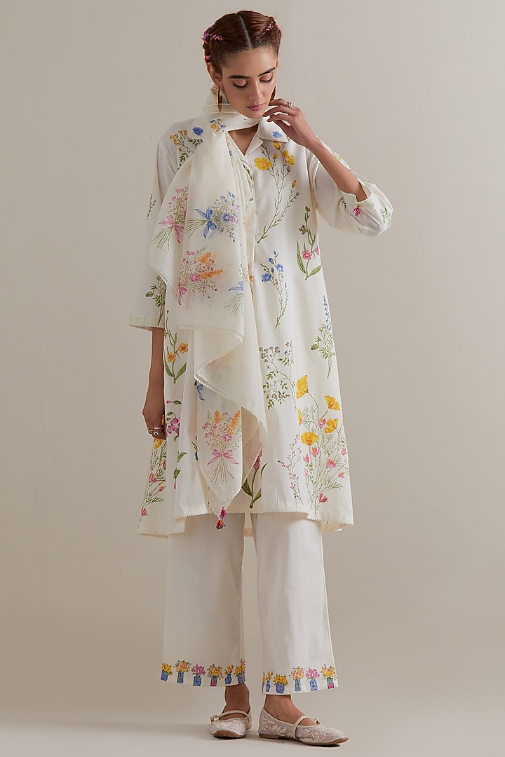 Off-White Cotton Hand Block Printed Kurta Set by Kora at Pernia's Pop Up Shop