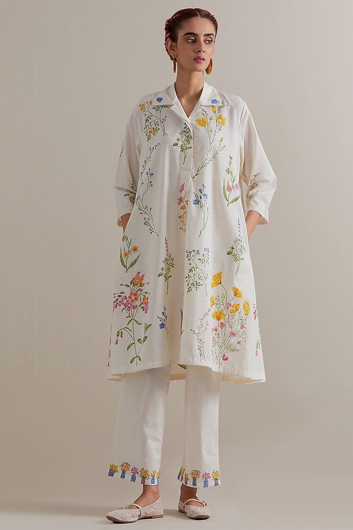 Off-White Cotton Hand Block Printed Kurta Set by Kora at Pernia's Pop Up Shop