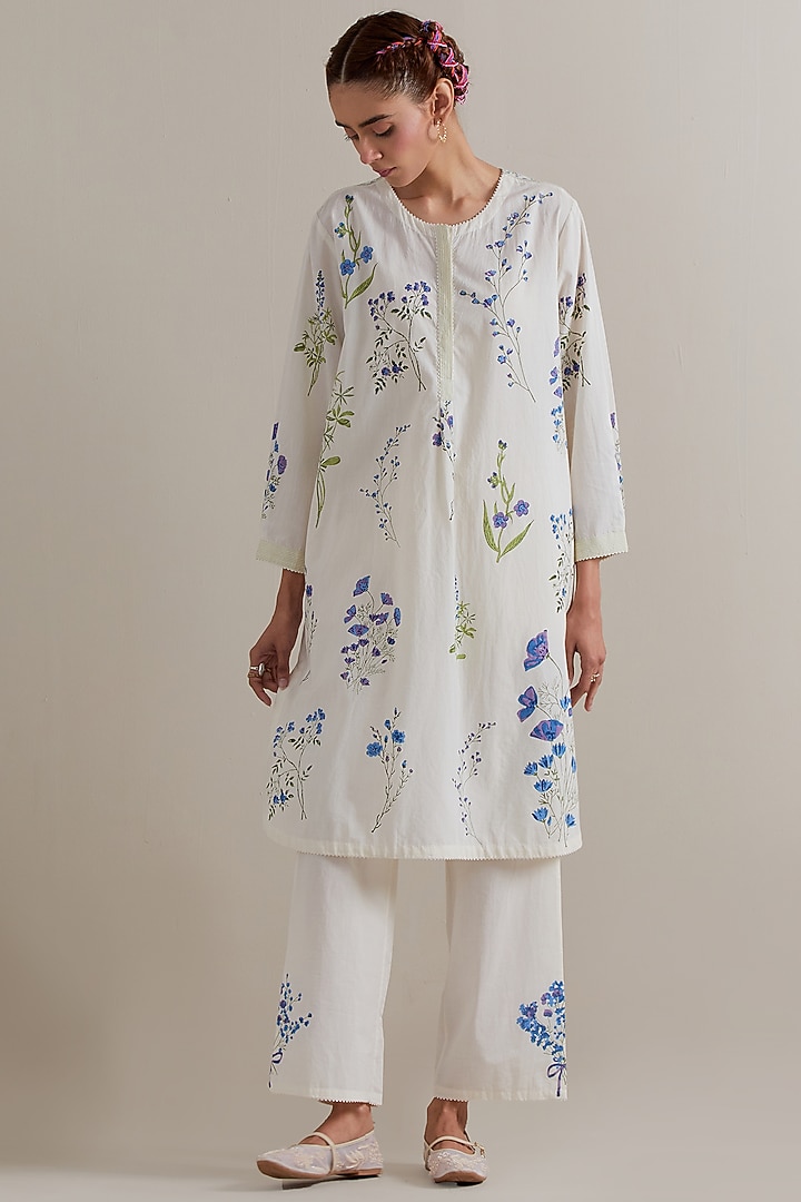 Off-White Cotton Hand Block Printed Kurta Set by Kora at Pernia's Pop Up Shop