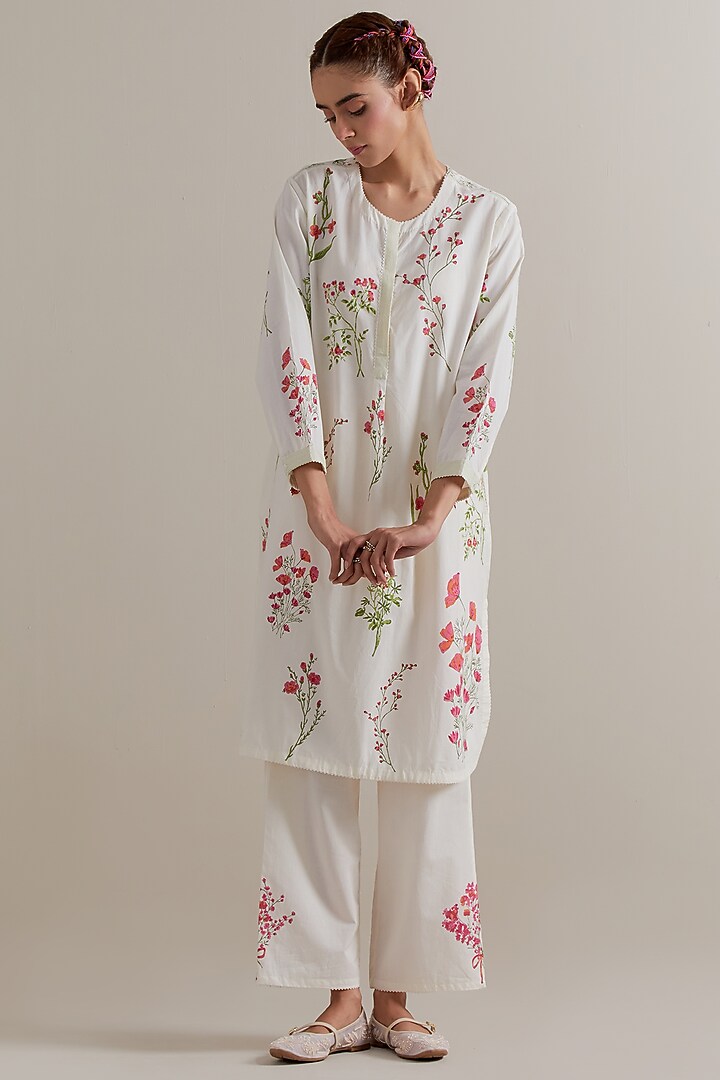 Off-White Cotton Hand Block Printed Kurta Set by Kora at Pernia's Pop Up Shop