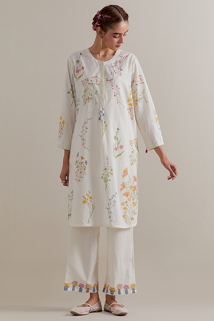 Off-White Cotton Hand Block Printed Kurta Set by Kora at Pernia's Pop Up Shop