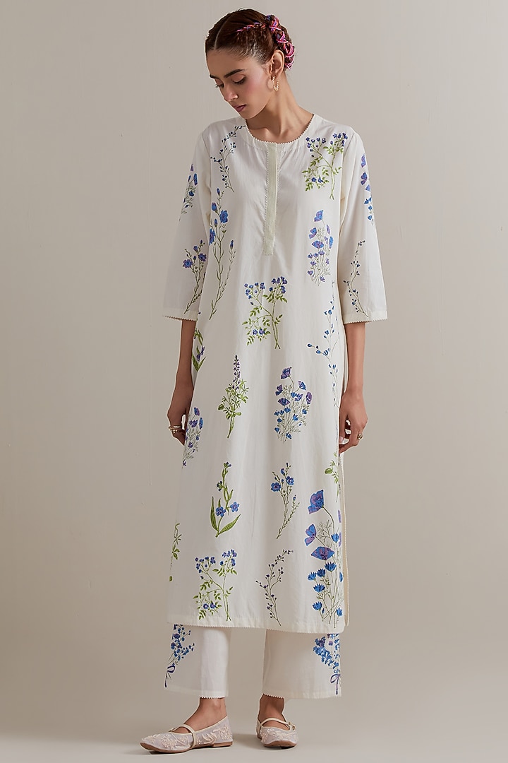 Off-White Cotton Hand Block Printed Kurta Set by Kora at Pernia's Pop Up Shop