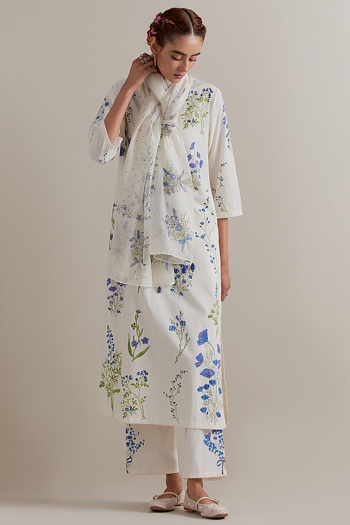 Off-White Cotton Hand Block Printed Kurta Set by Kora at Pernia's Pop Up Shop