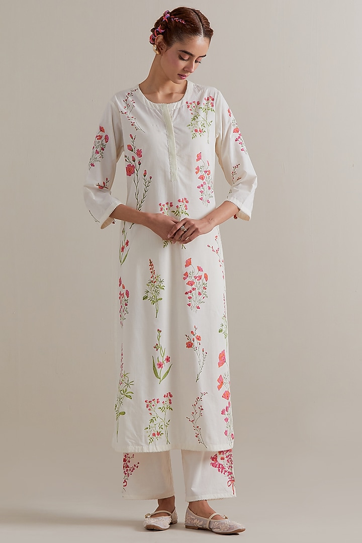 Off-White Cotton Hand Block Printed Kurta Set by Kora at Pernia's Pop Up Shop