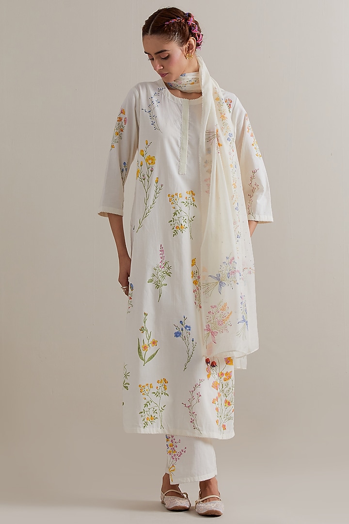 Off-White Cotton Hand Block Printed Kurta Set by Kora at Pernia's Pop Up Shop