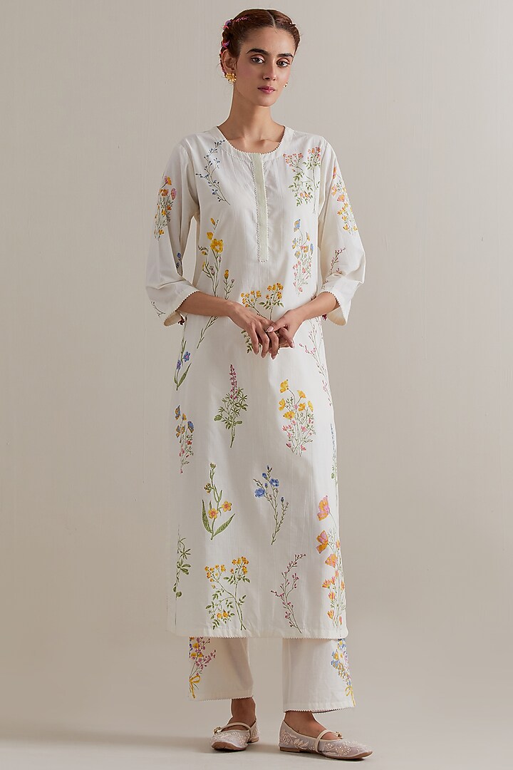 Off-White Cotton Hand Block Printed Kurta Set by Kora at Pernia's Pop Up Shop