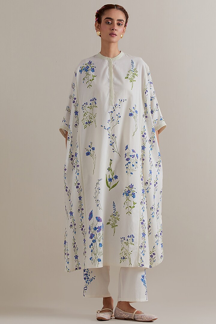 Off-White Cotton Floral Hand Block Printed Kaftan Set by Kora at Pernia's Pop Up Shop