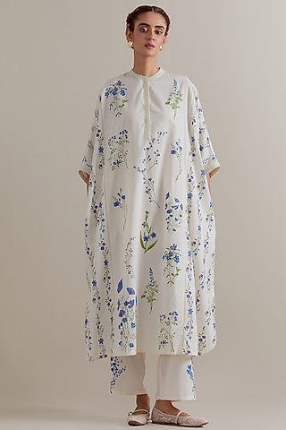 Off-White Cotton Floral Hand Block Printed Kaftan Set by Kora