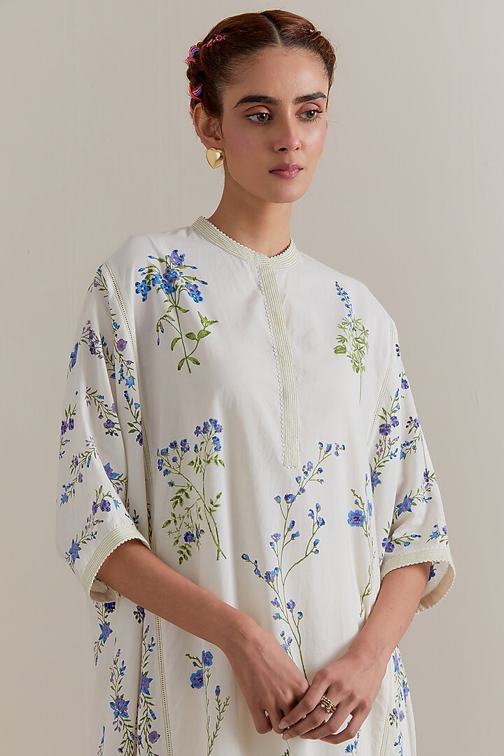 Off-White Cotton Floral Hand Block Printed Kaftan Set by Kora at Pernia's Pop Up Shop