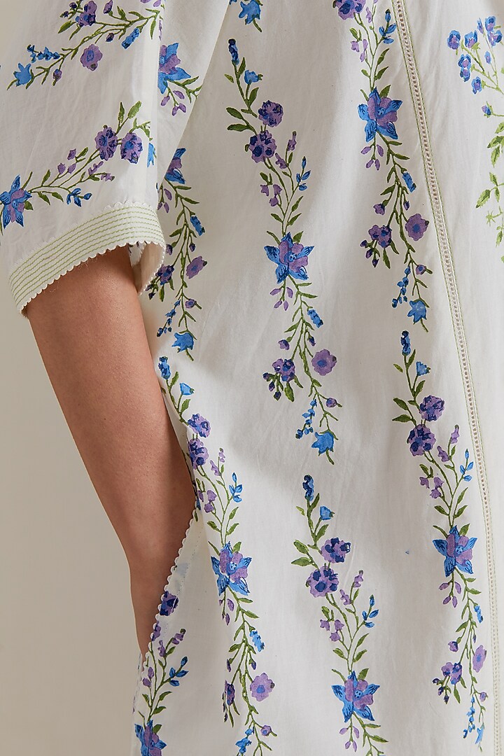 Off-White Cotton Floral Hand Block Printed Kaftan Set by Kora at Pernia's Pop Up Shop