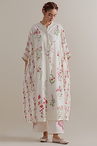 Off-White Cotton Floral Hand Block Printed Kaftan Set by Kora