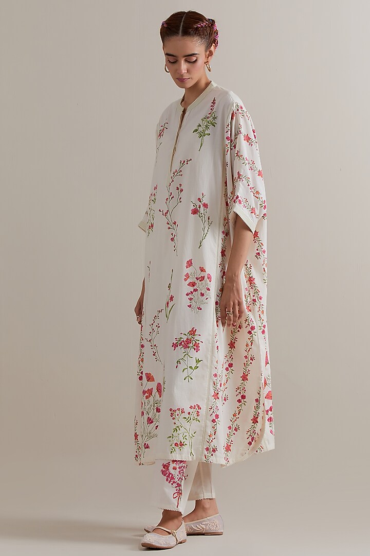 Off-White Cotton Floral Hand Block Printed Kaftan Set by Kora at Pernia's Pop Up Shop