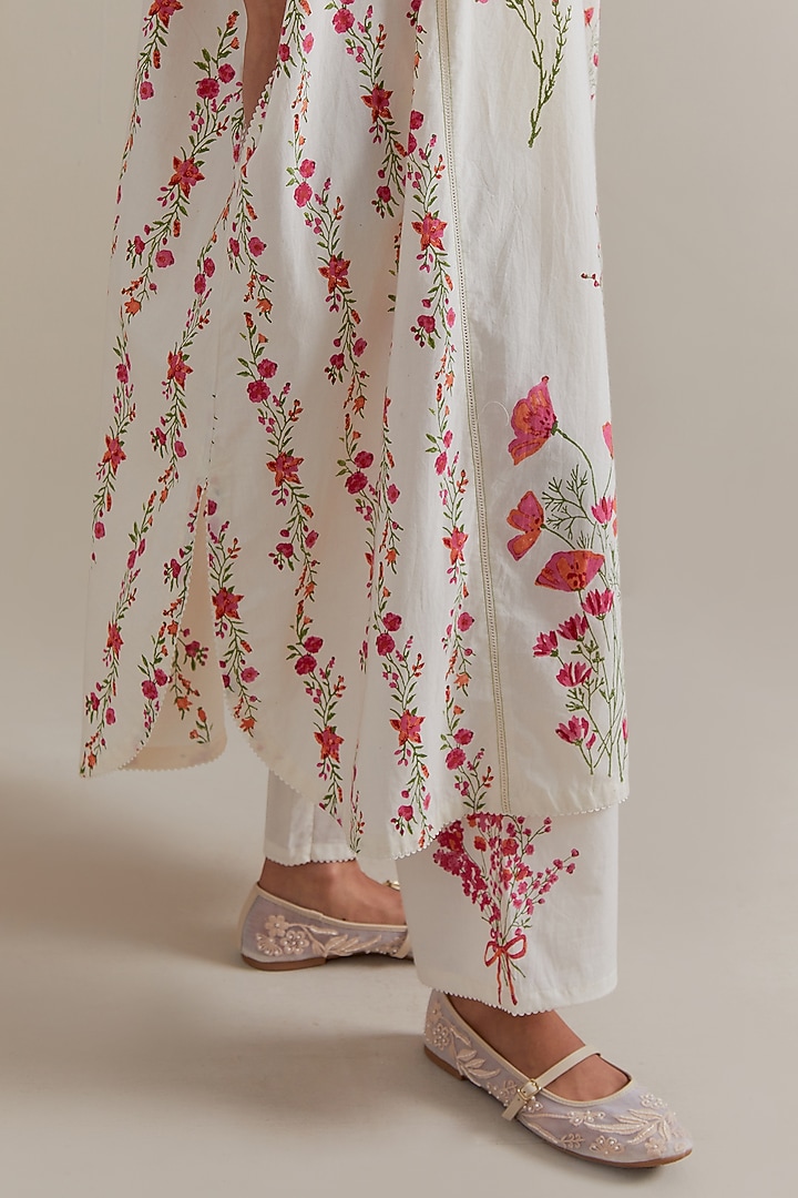 Off-White Cotton Floral Hand Block Printed Kaftan Set by Kora at Pernia's Pop Up Shop