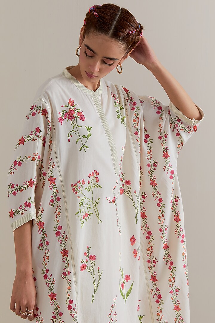 Off-White Cotton Floral Hand Block Printed Kaftan Set by Kora at Pernia's Pop Up Shop